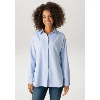 Hemdbluse ANISTON CASUAL, Damen, Gr. 48, jeansblau, weiß, silberfarben, Web, Obermaterial: 75% Polyester, 25% Baumwolle, Glitzermuster, gestreift, lässig geschnitten Po-bedeckend, 1-Knopf-Manschette, Blusen Hemdbluse, gestreift und mit Glitzersteinchen verziert - NEUE KOLLEKTION