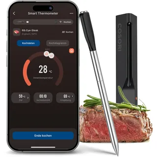 COSORI Erstes Smartes Fleischthermometer, Kabelloses Grillthermometer Bluetooth, perfekt für Dual Blaze Heißluftfritteuse, Bratenthermometer für Küche und Grill, Spülmaschinenfest