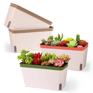 lalago Selbstbewässernder Blumentopf, Set von 4 27cm Blumenkasten Kräutertopf mit ERD-Bewässerungs-System für die Küche, Rechteckige Kunststoff Blumentöpfe für Küche Balkon Fensterbank (Bunt)