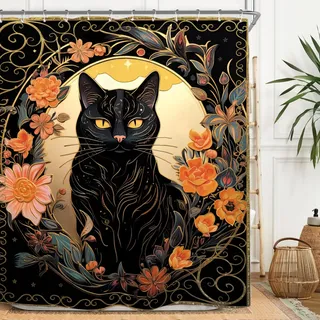 Miyotaa Duschvorhang-Set, Motiv: Schwarze Katze, Gothic, Mysteriös, 152 x 180 cm, Tarot-, Hexen-, Blumen-, Pflanzenmotiv, wasserdicht, Badezimmervorhang mit 12 Haken