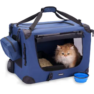 Prutapet Große Katzentragetasche, 61 x 41,9 x 41,9 cm, weiche Seiten, tragbare Haustierbox für Autoreisen, mit Faltbarer Katzentoilette und Schüssel