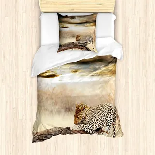 ABAKUHAUS Safari Bettbezug Set, Leopard, der drastischen bewölkten Himmel Afrika Safari Wild Cats Nature Bild, 135 x 200 cm + 80 x 80 cm, Beige und Braun