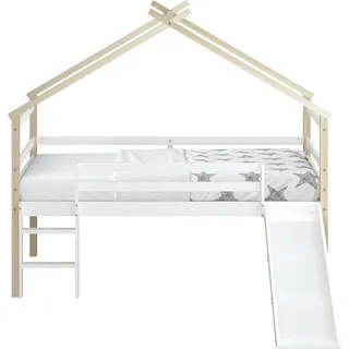 Sunny River Halbhohes Hausbett aus Holz mit Rutsche in Weiß | Kinderbett / Hochbett in Haus Form ohne Matratze | Einzelbett in 213 x 186 x 183 cm | - Braun