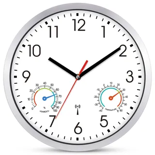 Ziprote Wanduhr Funk Uhr Mit Temperaturanzeige und Luftfeuchtigkeit Weiß Funkwanduhr Geräuschlos 25cm Modern Wanduhren Funkuhr Wand Lautlos für Wohnzimmer KüChe Schlafzimmer Büro (Weiß)