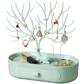 penobon Geweih schmuckständer,Deko Schmuckbaum,Dreistufiges Schmuckhalter mit Schubladen,Ohrringregale/Ringregale/Ketten Aufbewahrung,Ideale Geschenke für Damen (Grün)