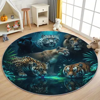 AevuCub Wilde Tiere Teppich Rund 120cm Kurzflor - Waschbare Teppiche Wohnzimmer Tiger Leopard Löwe Panther Tiermotiv - Runder Teppich 120 Durchmesser Kinderzimmer - Bettvorleger rutschfest Weich