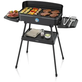 Arendo Elektrogrill, Standgrill, Balkongrill, Tischgrill mit Standfuß, Edelstahl, 2 Grillzonen, elektrisch, 2200 W, Antihaftbeschichtung, Temperaturregelung, für Balkon, Garten & Indoor - Schwarz