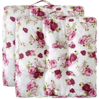 wometo 2er Set Landhaus Bodenkissen Sitzkissen 40x40 8cm Oeko-TEX rosa pink | gesteppte Rosen Sitzpolster / Stuhlkissen mit Steppung für Indoor und Outdoor, drinnen und draußen nutzbar