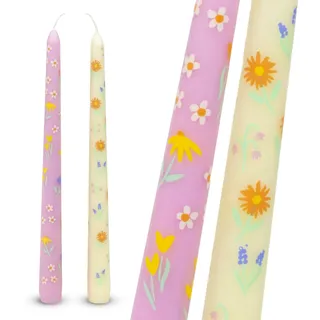2 x konische Kerzen mit Blumenmuster, Gelb und Rosa, ideales Muttertagsgeschenk, Ditsy Flowers, geruchlos, 8 Stunden Brenndauer, umweltfreundliche Verpackung, Ostertischdekoration, Talking Tables