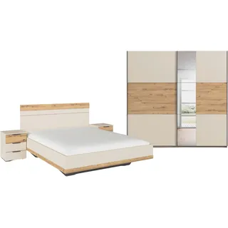 Rauch "Komplettschlafzimmer Schlafzimmer Schlafzimmermöbel SAJO", Set, Set: Kleiderschrank mit/ohne Spiegel, Bett in 2 Breiten, 2 Nachttische, 4 Stk. tlg. optional mit Spiegel, am Kleiderschrank MADE IN GERMANY, champagner, eiche artisan),