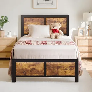 VECELO Bettgestell 90 x 200 cm, Metallbett mit Dick Holzkopfteil und Lattenrost, Modern Gästebett Jugendbett mit Stauraum Unter Dem Bett, Perfekt für Schlafzimmer, Braun