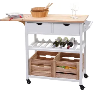Servierwagen HWC-G35, Küchenwagen Rollwagen Küchenhelfer Beistellwagen Teewagen, Kiefernholz 89x119x41cm natur-weiß - Weiß