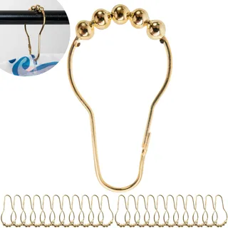 Duschvorhang Ringe, 24 Stück, in Gold-Farben, mit Kugel-Gleitsystem, 7 x 3,9 cm Größe, für Duschvorhangstangen, aus Metall, Ring Duschgardine, Duschvorhangringe, Duschvorhang Haken, Metallringe