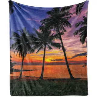 ABAKUHAUS Tropisch Weich Flanell Fleece Decke, Exotische Palmen-Muster mit Strand und Meer Sonnenuntergang in Hawaii Sommersaison, 175 x 230 cm, Mehrfarbig