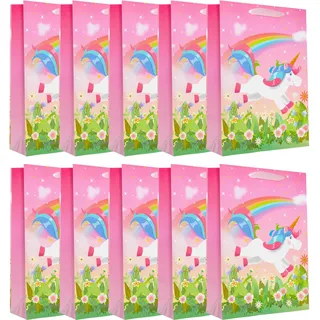 Idena 30482-10 - Geschenktüten Einhorn, 10 Stück, Geschenktasche in der Größe 25 x 34 x 9 cm, Papiertüten in Pink mit einem Einhorn