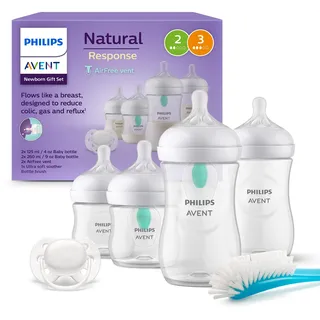 Philips AVENT Natural Response AirFree Ventil, Geschenkset für Neugeborene – 4 Babyflaschen, ultra soft Schnuller und Flaschenbürste, Babys von 0–12 Monaten und älter (Modell SCD657/11)