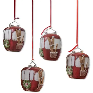 Loberon Anhänger 4er Set Barnes, Filigrane Handbemalung, Nostalgische Ski-Gondeln, Christbaumschmuck, Weihnachten, Weihnachtsdeko, Polyresin, Glitzer, bunt