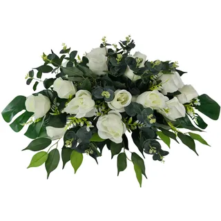 DRW Blumenkissen, Friedhof, Prozessionen, Kirchen, Hochzeiten oder Grabstätten, weiße Rosen und Eukalyptus, künstliches Schiff, 74 x 50 x 30 cm