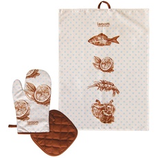 LAROOM 13666 – Set Geschirrtuch Küche und Waschlappen Ofen Retro Fish, weiß, braun