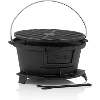 Gusseisen Grilltopf mit Grillrost | (B) 43 x (T) 42 x (H) 21,5 cm | Hibachi Style Grill mit Grillrostheber | Holzkohle Campinggrill, Gusseisen Feuertopf, BBQ Grill, Dutch Oven Station - Schwarz