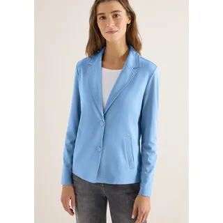 Sweatblazer CECIL, Damen, Gr. XS (36), blau (cloud blau), Web, Obermaterial: 66% Viskose, 30% Polyester, 4% Elasthan, unifarben, lässig geschnitten hüftbedeckend, tiefer V-Ausschnitt, Blazer Sweatblazer, mit Knopfverschluss und Viskose