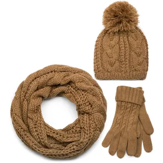 styleBREAKER "Strick Schal, Mütze & Handschuh Set mit Zopfmuster" 3 Stk., cognac, loop schlauchschal
