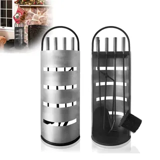 Yznahre Edelstahl Kaminbesteck Set 5 TLG, Modern Kamingarnitur Kaminwerkzeug mit Ständer, Besen, Zange, Schürhaken, Ascheschaufe, Silber