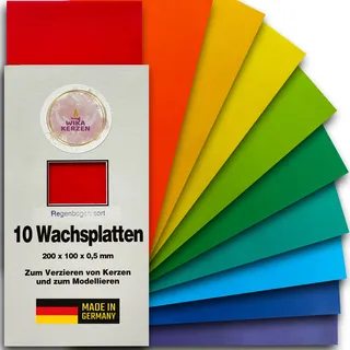 WIKAKERZEN Wachsplatten zum Gestalten und Verzieren von Kerzen DIY Set für Tauf- und Kommunionkerzen zum Selbstgestalten und Basteln, selbsthaftend ohne Kleber (10er-Sortiment, Regenbogen-Sortiment)