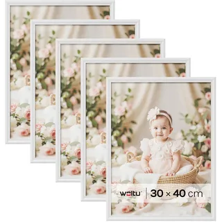 WOLTU Bilderrahmen 30x40, 5er set, Massivholz Fotorahmen mit Passepartout | Weiß, Front aus PS-Platte, Posterrahmen zum vertikalen oder horizontalen Aufhängen und Aufstellen, Collage Wanddeko