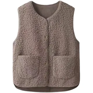 HUVZOR 1 Stück Damen-Shearling-Fleeceweste, warme, ärmellose Pelzweste für Herbst/Winter, Damen-Fleeceweste mit V-Ausschnitt und Knöpfen, khaki, Größe M