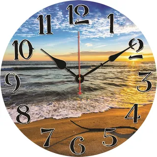 TAHEAT 20 cm Meer Strand Wanduhr, Klein Schöne Modern Badezimmer Uhr, Ohne Tickgeräusche Mediterrane Wanduhren für Wohnzimmer Schlafzimmer Küche