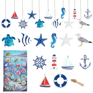 24 Stück Maritime Deko, Fischernetz Deko, Maritime Anhänger, Nautische Segelboot Deko, Schiff Deko Fischernetz, Seestern Boot Anker Leuchtturm Fisch für Wanddekorationen im Küstenmotiv