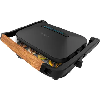 Cecotec Elektrischer Grill Rock'Ngrill 1300 Wood B. Leistung von 1300W, schwarzes Design, Rockstone-Beschichtung, rutschfeste Basis, schwebende Platte, Leuchtanzeige, Holzgriff, Vielseitigkeit.
