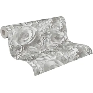 A.S. Création PrintWalls Vliestapete mit Blumen-Motiv in 3D Optik 0,53 x 10,05 m - Blumentapete in Weiß Grau mit 3D Effekt Floral Made in Germany - 387181