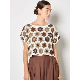 Apricot Stricktop "Hexagon Flowers Crochet Top" mit Häkeldetails, braun