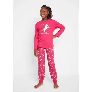 Pyjama BONPRIX "Pyjama aus reiner Baumwolle (2-tlg. Set)", Jungen, Gr. 128/134, rosa (dunkelpink bedruckt), Jersey, Obermaterial: 100% Baumwolle, bedruckt, Basic lang, Rundhals, Homewear-Sets Pyjama, bequeme Passform, aus Baumwolle, mit Einhorn-Print