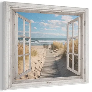 MuchoWow Akustikbild Fenster - Meer - Küste - Natur - Ausblick - Strand - Wattenmeer Gemälde 80x60 cm , Beige , Kunststoff , Rechteckig , 80x60x0.9 cm , Tapeten & Wandverkleidungen, Akustikpaneele