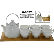 DonRegaloWeb Set mit Teekanne und 6 Tassen aus Keramik, Weiß, Tablett 40 x 19 cm