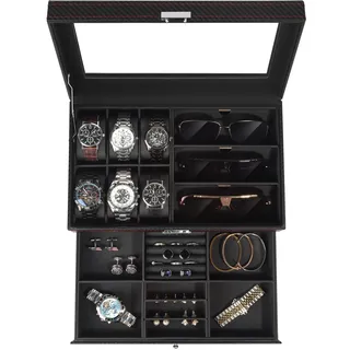 Uhrenbox, Schmuckkästchen Herren mit 6 Fächern, 2 Ebenen Watch Box, Uhrenkasten mit Schublade, Uhrenetui mit Glasdeckel & Schloss, Sonnenbrillen & Uhrenaufbewahrung, PU-Leder, Geschenke Männer