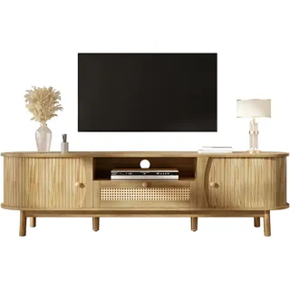 okwish TV Schrank mit Türen Schubladen Rattan Massivholz Stauraum 165x37x46cm Natur