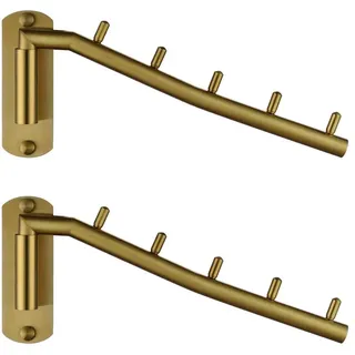 JQK Folding Clothes Hanger Rack, Stainless Steel Swing Arm Hook Holder, Clothing Hanging System Drying Closet Storage Organizer Brushed Gold Wall Mount 2 Pack, SHR100-BG-P2