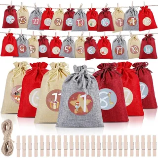 Adventskalender zum Befüllen mit 24 Weihnachtstüten aus Jute