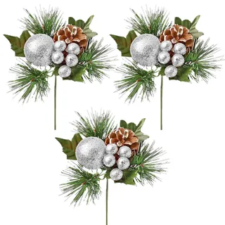 Künstlicher Weihnachtsstamm Mit Glitzer, Beeren Und Tannenzapfen - 3X Silber