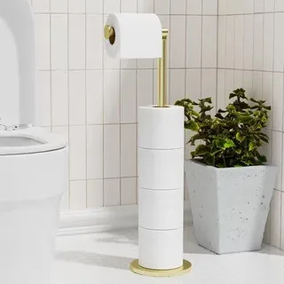 Unyqoos® Freistehender Toilettenpapierhalter aus Edelstahl, goldfarben, faltbar – für 5 Rollen (17×17×57 cm), beschwerte Basis, wasserfest - Gold