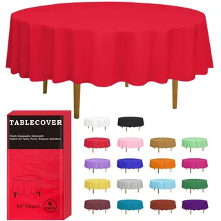 D&Z Einweg-Tischdecke aus Kunststoff, rund, einzeln verpackt, für drinnen und draußen, 213 cm, Tischdecke für Party, Picknick, Geburtstag, Hochzeit und Abendessen, Rot, 6er-Pack