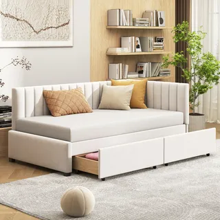 Merax Tagesbett 90x200cm Schlafsofa mit 2 Schubladen und Lattenrost, Samt Polsterbett Kinderbett Daybett Sofabett mit Armlehnen, Beige - Beige