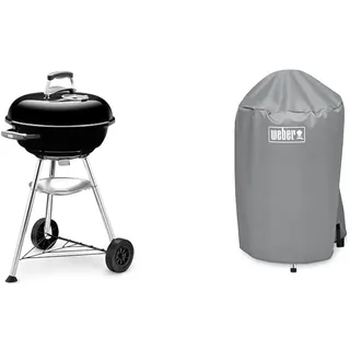 Weber 1221004 Holzkohlegrill Compact Kettle, Durchmesser 47 cm, Schwarz, Kugelgrill + Grill-Abdeckhaube Holzkohlegrills mit einem Durchmesser von 47cm, grau