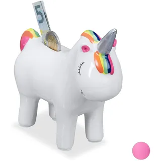 Relaxdays Spardose Einhorn, Keramik, träumendes Unicorn, Regenbogenschweif, Deko & Geschenk, Einhornsparbüchse, weiß