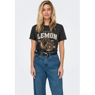 Rundhalsshirt ONLY "ONLLUCY REG S/S TOP JRS NOOS", Damen, Gr. XS, schwarz print:fruity lemon, Single Jersey, Obermaterial: 100% Baumwolle, bedruckt, regular fit normal, Rundhals, Shirts Rundhalsshirt, Baumwolle, regular fit, unterschiedlich bedruckt