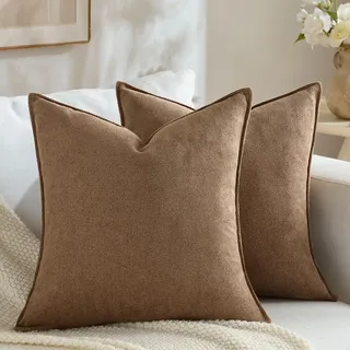 FDTERN 2er Set 35×35 cm Einfarbig Braun Weich Chenille Kissenbezüge | Weicher Chenille-Stoff, 2er Set, Bortenrand Design, moderner Boho Stil, Dekokissenbezug für Sofa, Couch, Bett & Wohnzimmer